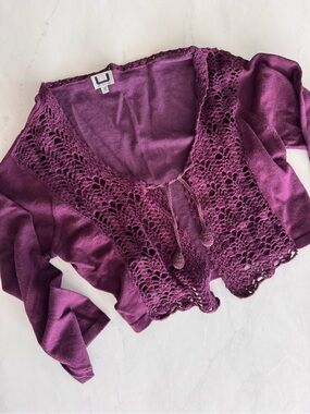 Adolfo Domínguez purple Crochet Knit Shrug Cardigan Tie-Front V-Neck 3/4 M